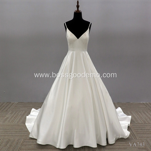 Elegant White A Line Vestido de noiva Custom Made Spaghetti strap satin Wedding Dress bridal Gown